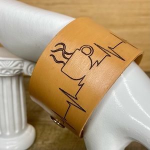 Handmade jewelry Tan Caffeine ekg painted leather bracelet cuff 1.5” wide